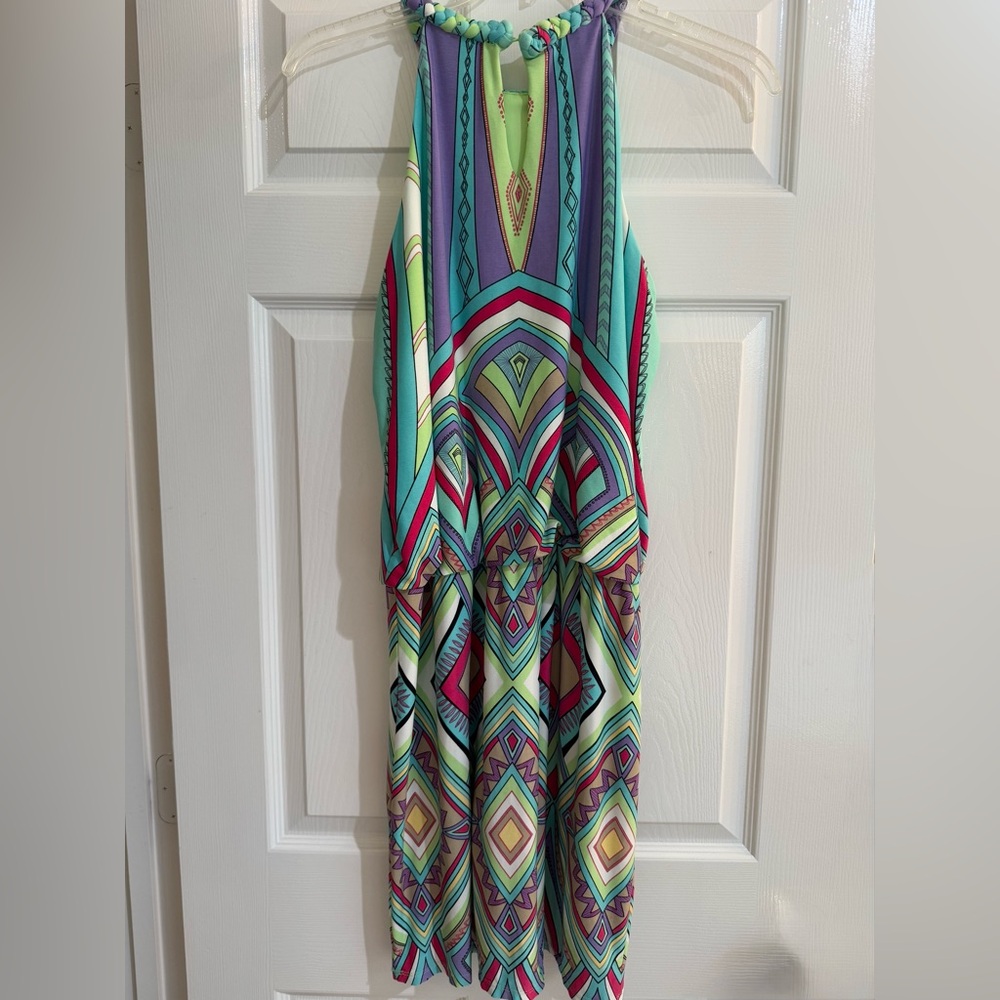 Maggy London Colorful Y2K Geometric Halter Drop Waist Dress - Picture 2 of 7